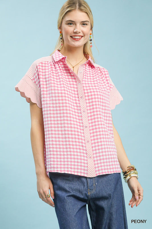Umgee Mixed Gingham Short Sleeve Shirt - Bitsy Gypsy Boutique
