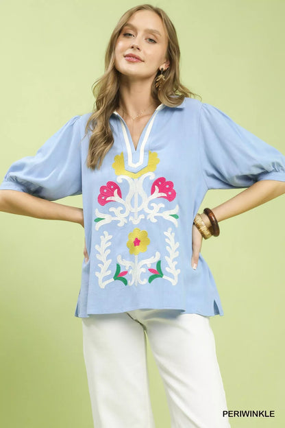 Umgee Mixed Media V - Neck Print Blouse - Bitsy Gypsy Boutique