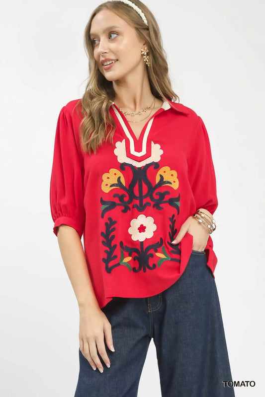 Umgee Mixed Media V - Neck Print Blouse - Bitsy Gypsy Boutique
