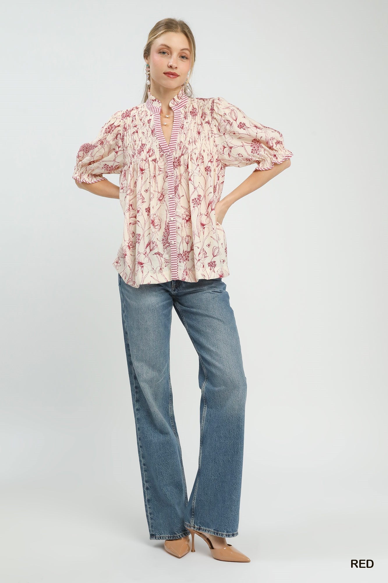 Umgee Mixed Print Button Front Top - Bitsy Gypsy Boutique