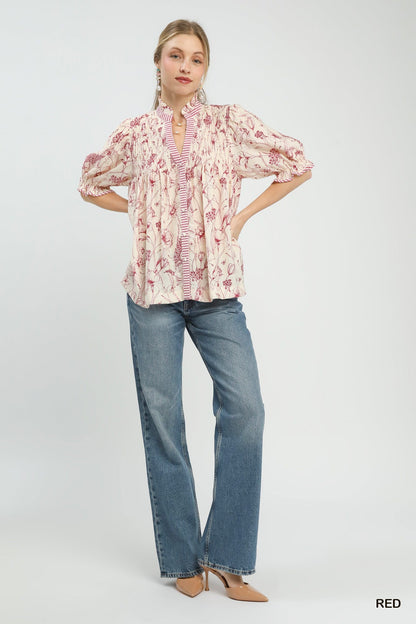 Umgee Mixed Print Button Front Top - Bitsy Gypsy Boutique
