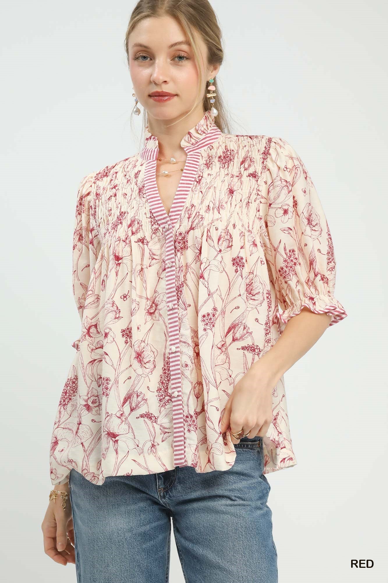 Umgee Mixed Print Button Front Top - Bitsy Gypsy Boutique