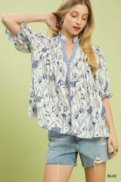 Umgee Mixed Print Button Front Top - Bitsy Gypsy Boutique