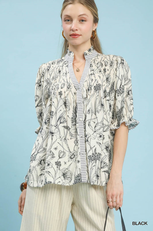 Umgee Mixed Print Button Front Top - Bitsy Gypsy Boutique