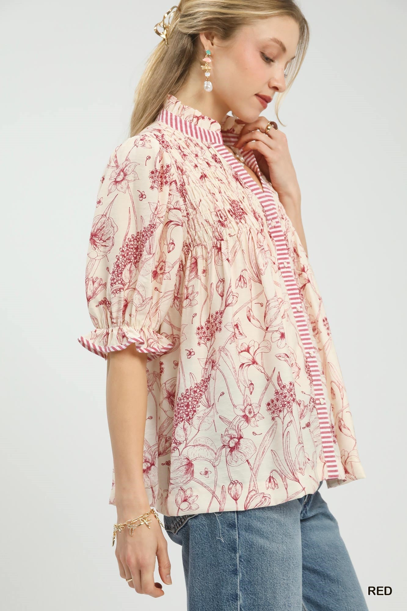 Umgee Mixed Print Button Front Top - Bitsy Gypsy Boutique