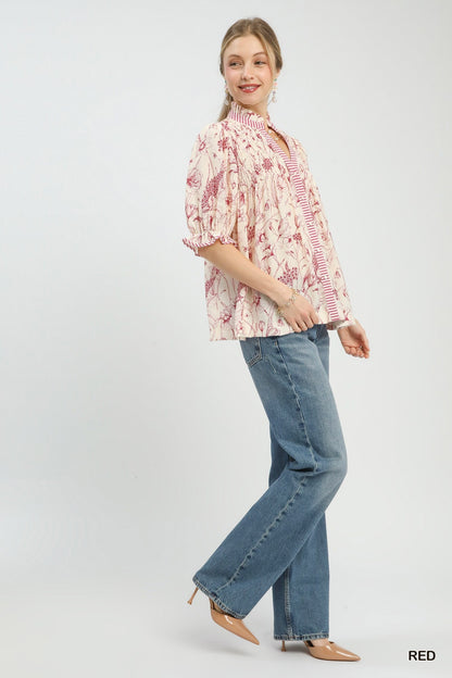 Umgee Mixed Print Button Front Top - Bitsy Gypsy Boutique