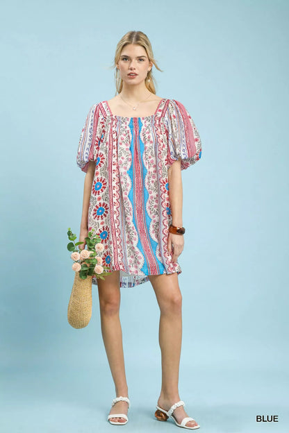 Umgee Mixed Print Puff Sleeve Mini Dress - Bitsy Gypsy Boutique