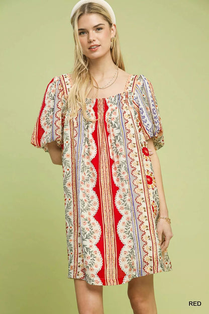 Umgee Mixed Print Puff Sleeve Mini Dress - Bitsy Gypsy Boutique