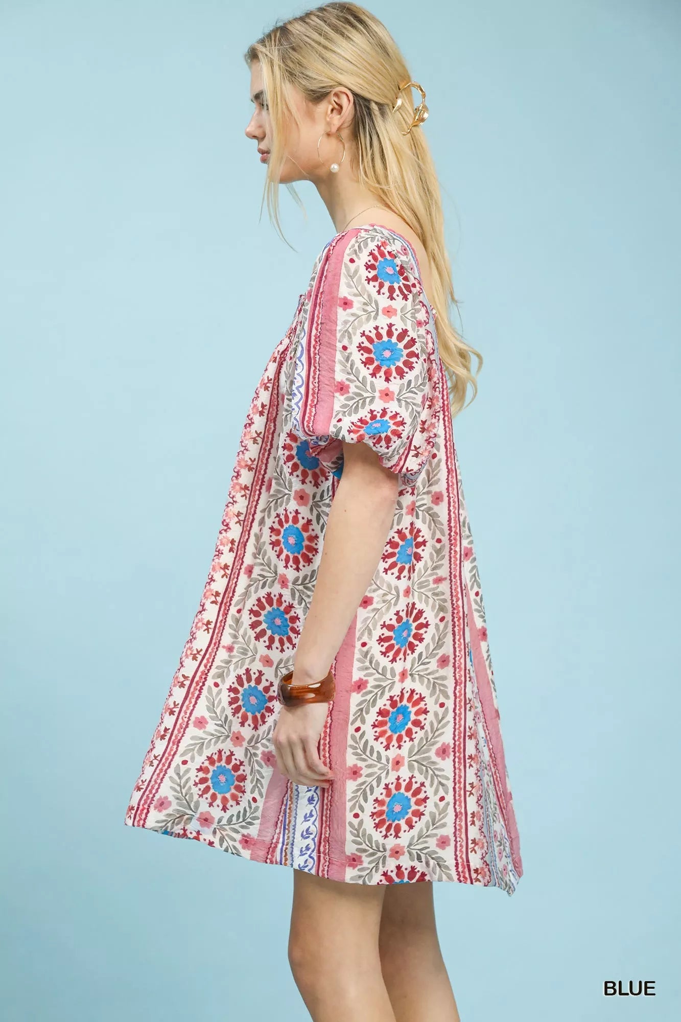 Umgee Mixed Print Puff Sleeve Mini Dress - Bitsy Gypsy Boutique