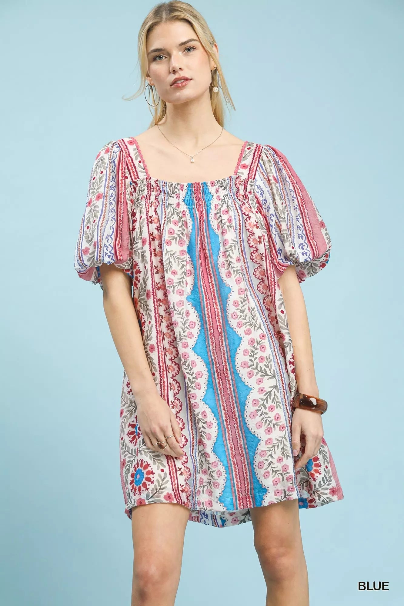 Umgee Mixed Print Puff Sleeve Mini Dress - Bitsy Gypsy Boutique