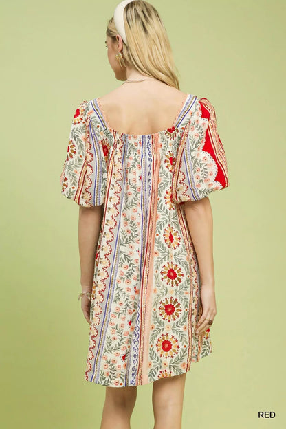 Umgee Mixed Print Puff Sleeve Mini Dress - Bitsy Gypsy Boutique