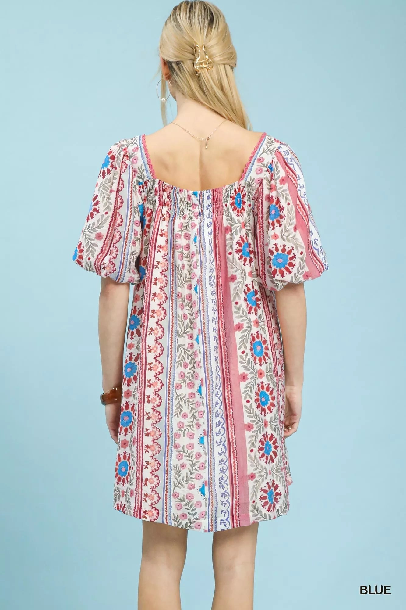 Umgee Mixed Print Puff Sleeve Mini Dress - Bitsy Gypsy Boutique