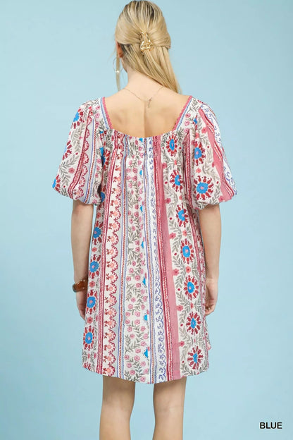 Umgee Mixed Print Puff Sleeve Mini Dress - Bitsy Gypsy Boutique