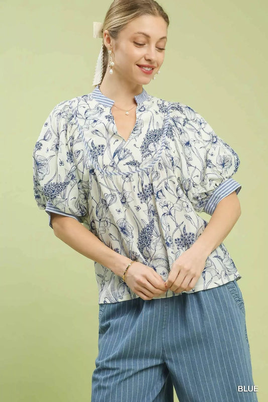 Umgee Mixed Print Puff Sleeve Split Neck Top - Bitsy Gypsy Boutique
