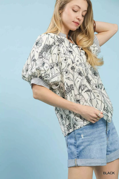 Umgee Mixed Print Puff Sleeve Split Neck Top - Bitsy Gypsy Boutique