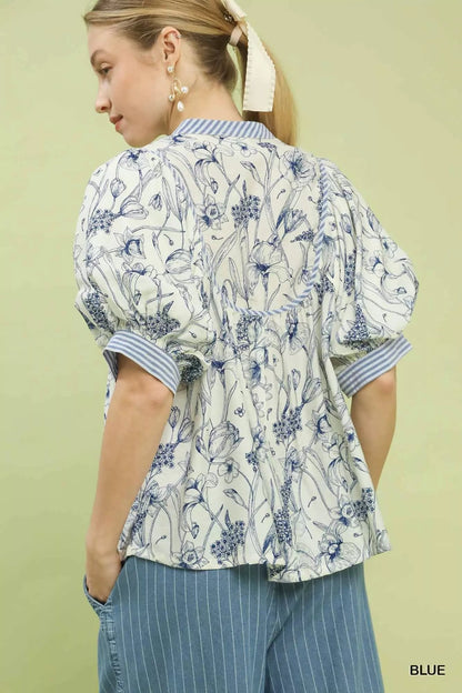 Umgee Mixed Print Puff Sleeve Split Neck Top - Bitsy Gypsy Boutique