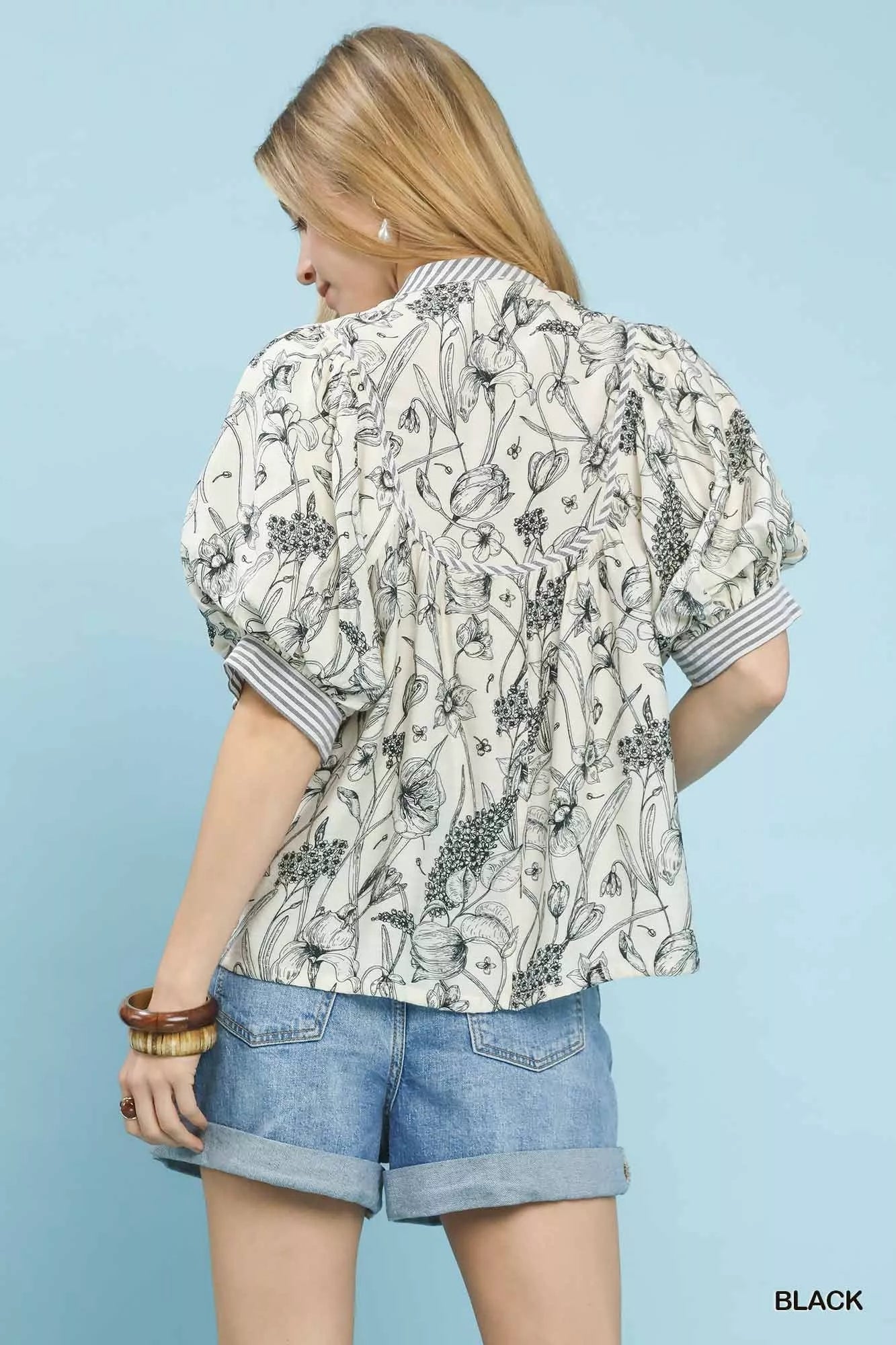 Umgee Mixed Print Puff Sleeve Split Neck Top - Bitsy Gypsy Boutique