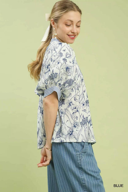 Umgee Mixed Print Puff Sleeve Split Neck Top - Bitsy Gypsy Boutique