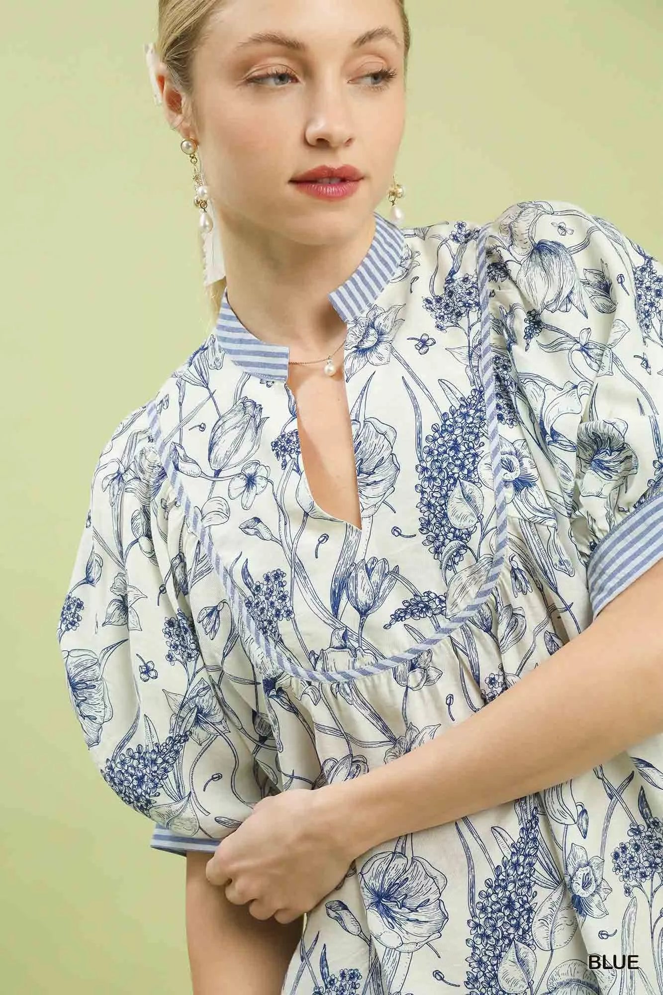 Umgee Mixed Print Puff Sleeve Split Neck Top - Bitsy Gypsy Boutique