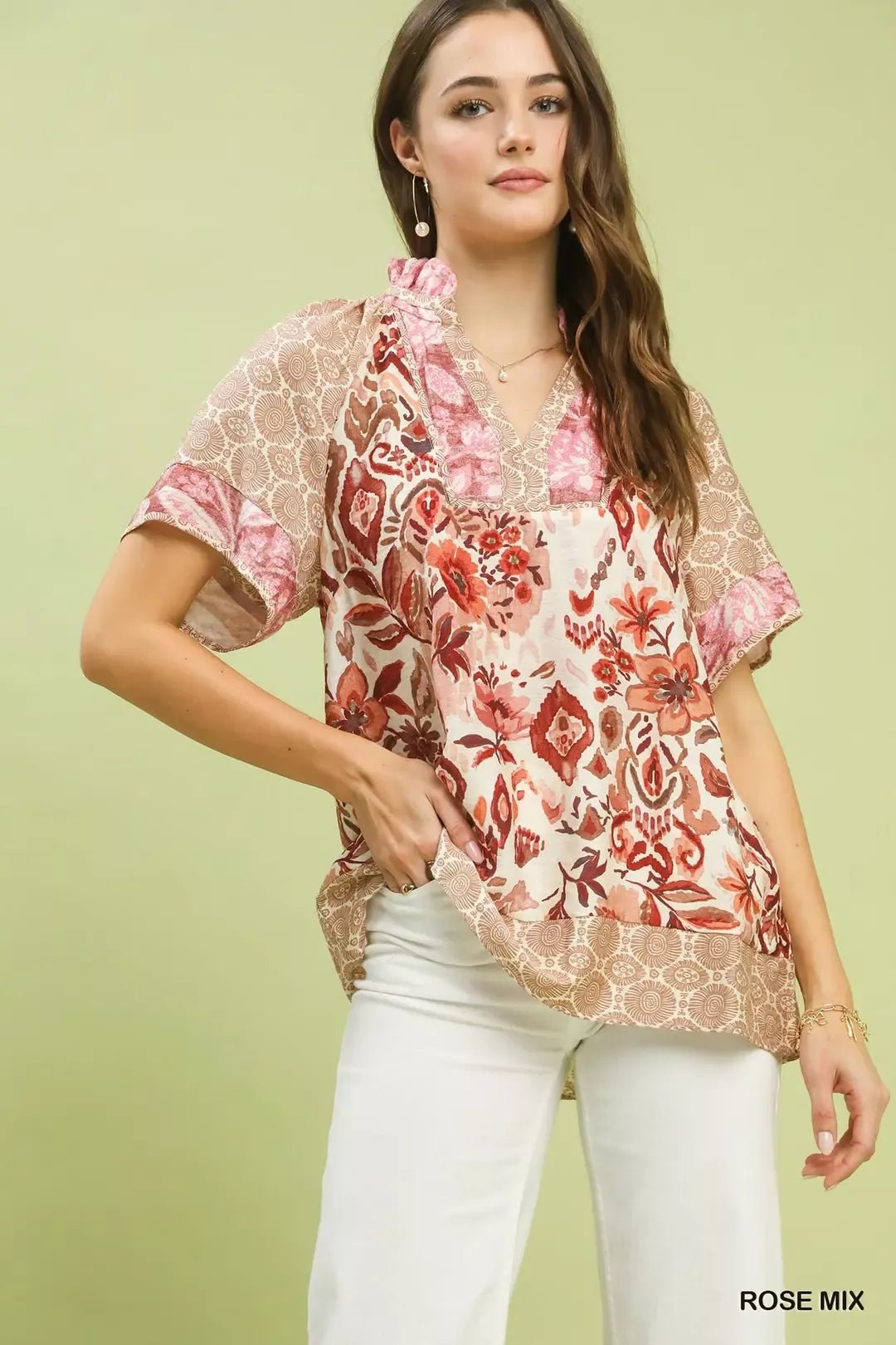 Umgee Mixed Print V - Neck Short Sleeve Top - Bitsy Gypsy Boutique