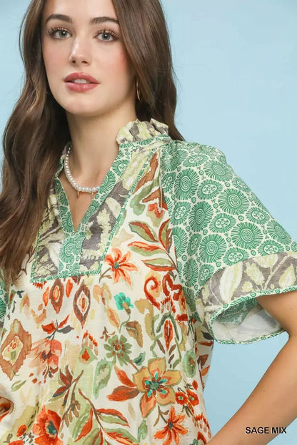 Umgee Mixed Print V - Neck Short Sleeve Top - Bitsy Gypsy Boutique