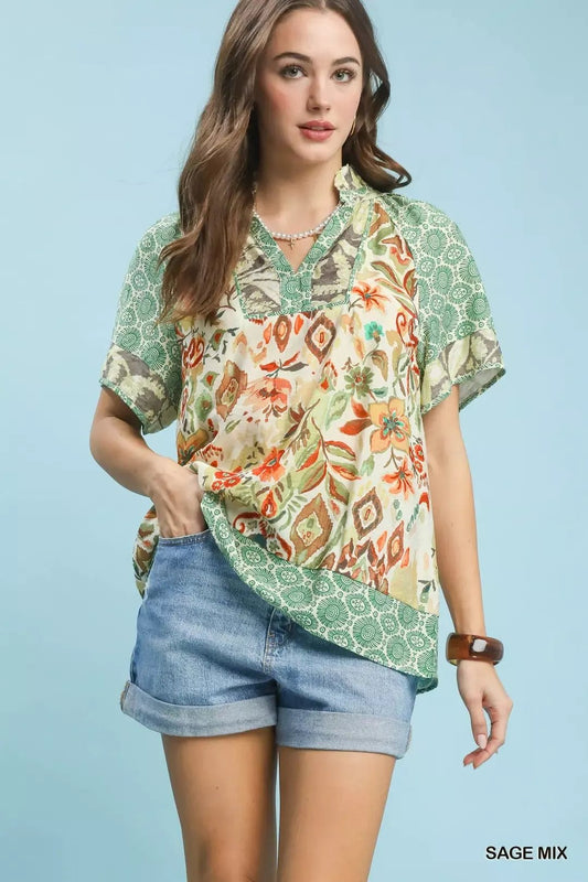 Umgee Mixed Print V - Neck Short Sleeve Top - Bitsy Gypsy Boutique