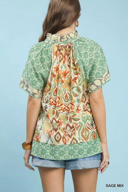 Umgee Mixed Print V - Neck Short Sleeve Top - Bitsy Gypsy Boutique