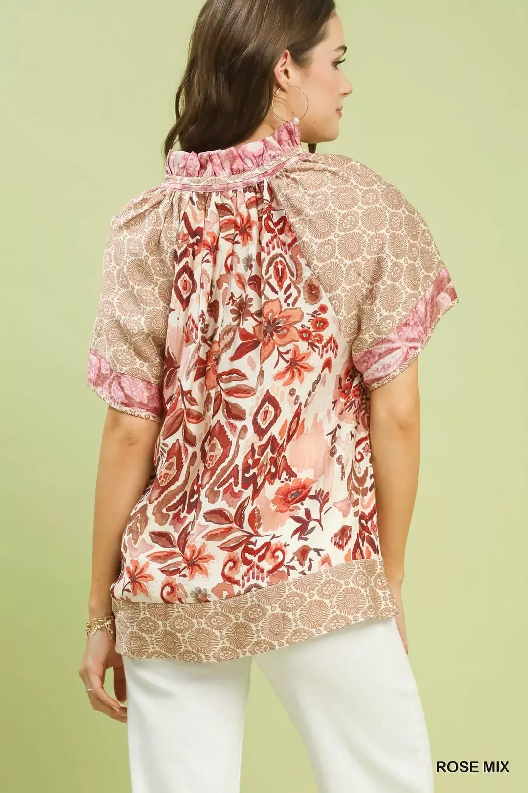 Umgee Mixed Print V - Neck Short Sleeve Top - Bitsy Gypsy Boutique