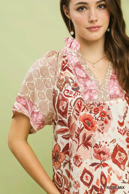 Umgee Mixed Print V - Neck Short Sleeve Top - Bitsy Gypsy Boutique