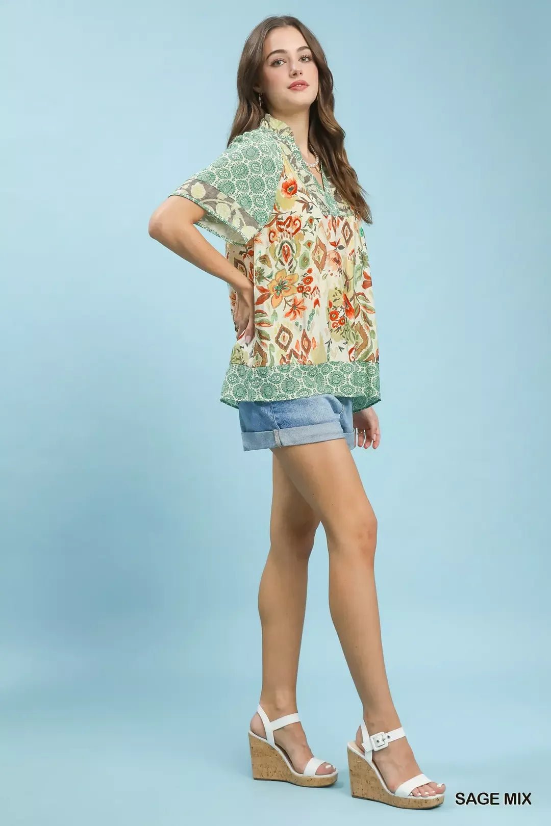 Umgee Mixed Print V - Neck Short Sleeve Top - Bitsy Gypsy Boutique