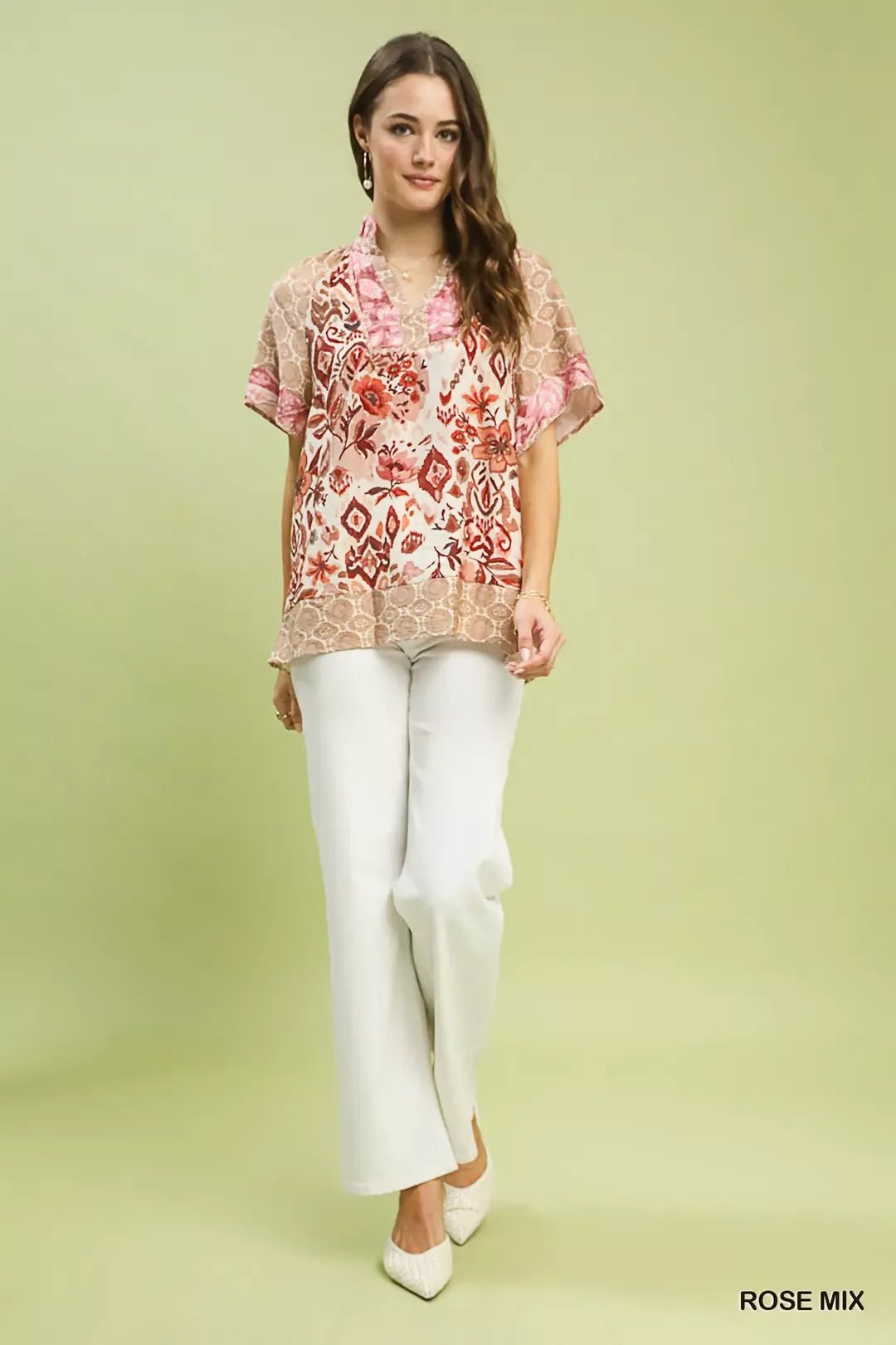 Umgee Mixed Print V - Neck Short Sleeve Top - Bitsy Gypsy Boutique