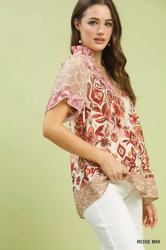 Umgee Mixed Print V - Neck Short Sleeve Top - Bitsy Gypsy Boutique