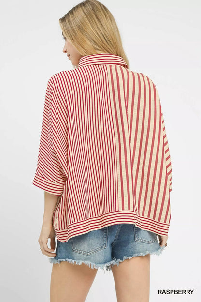 Umgee Mixed Stripe Oversized Button Down Top - Bitsy Gypsy Boutique