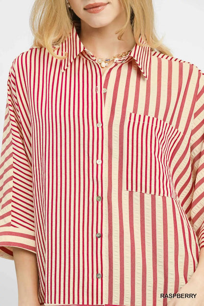 Umgee Mixed Stripe Oversized Button Down Top - Bitsy Gypsy Boutique