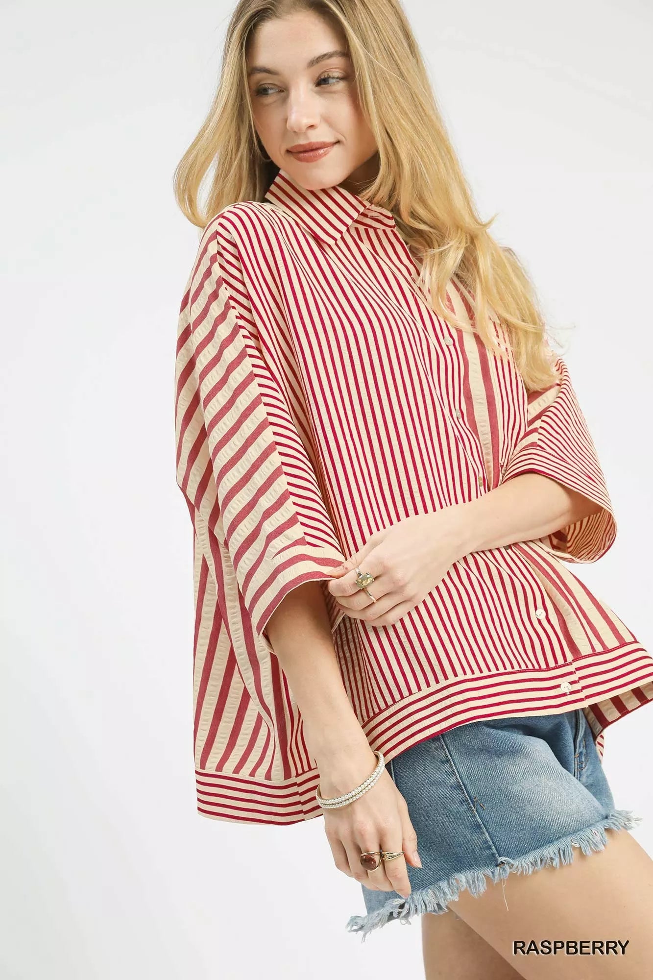 Umgee Mixed Stripe Oversized Button Down Top - Bitsy Gypsy Boutique