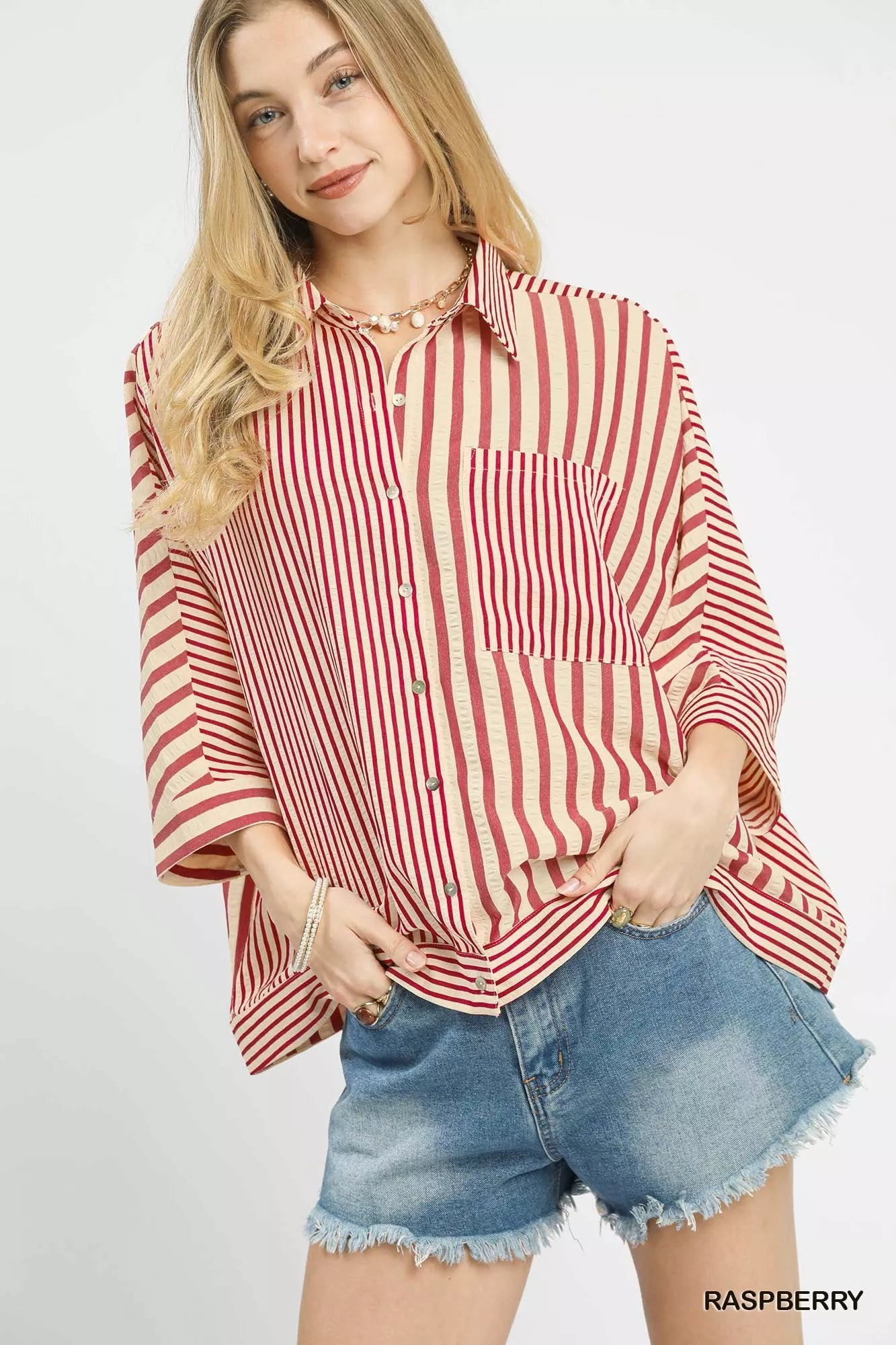 Umgee Mixed Stripe Oversized Button Down Top - Bitsy Gypsy Boutique