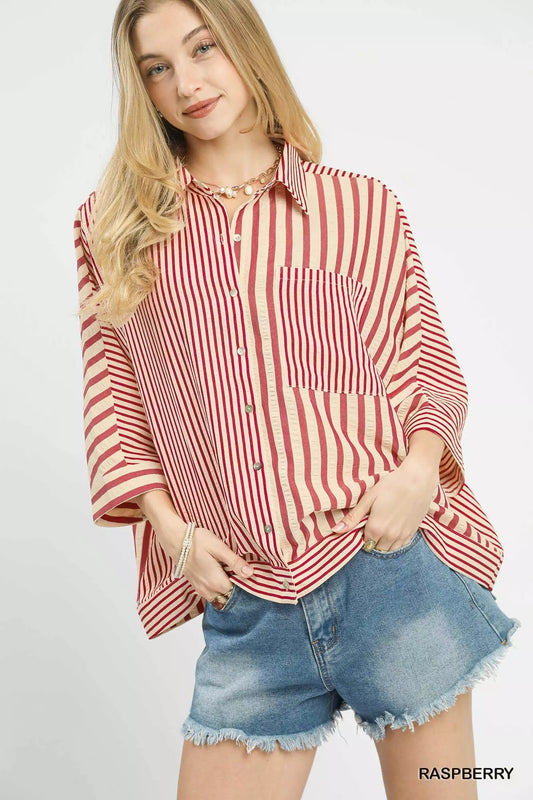 Umgee Mixed Stripe Oversized Button Down Top - Bitsy Gypsy Boutique