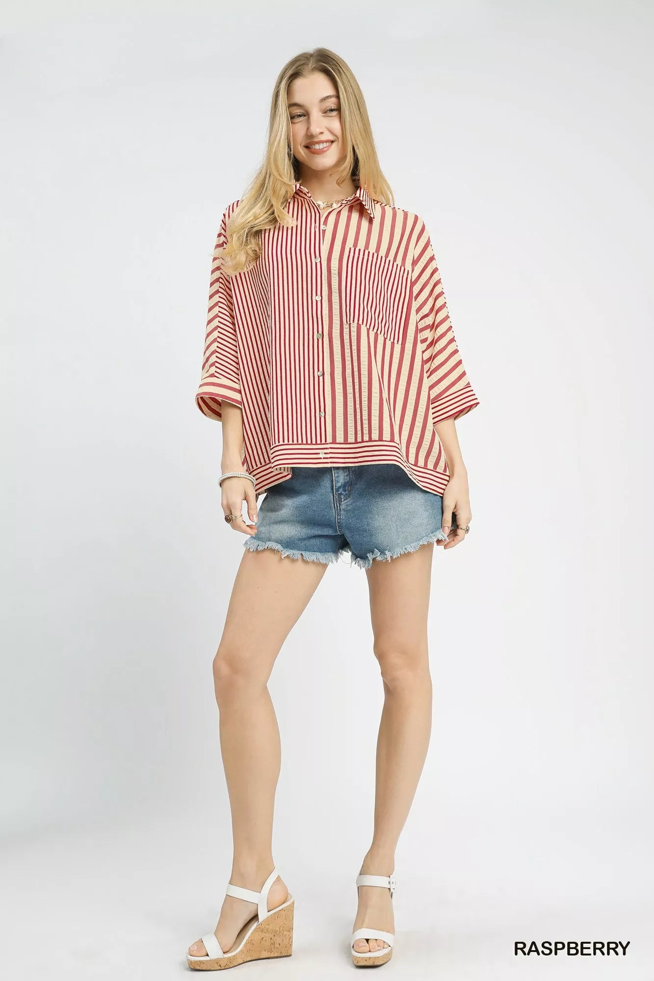 Umgee Mixed Stripe Oversized Button Down Top - Bitsy Gypsy Boutique