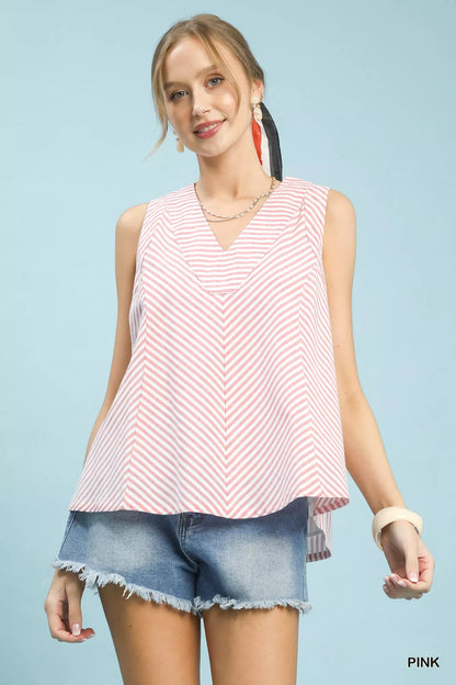 Umgee Mixed Stripe Sleeveless V - Neck Top - Bitsy Gypsy Boutique