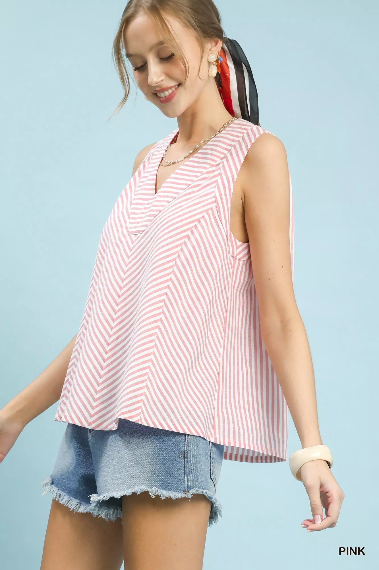 Umgee Mixed Stripe Sleeveless V - Neck Top - Bitsy Gypsy Boutique
