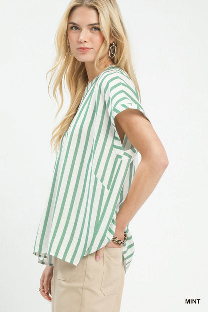 Umgee Mixed Stripe Split Neck Oversized Blouse - Bitsy Gypsy Boutique