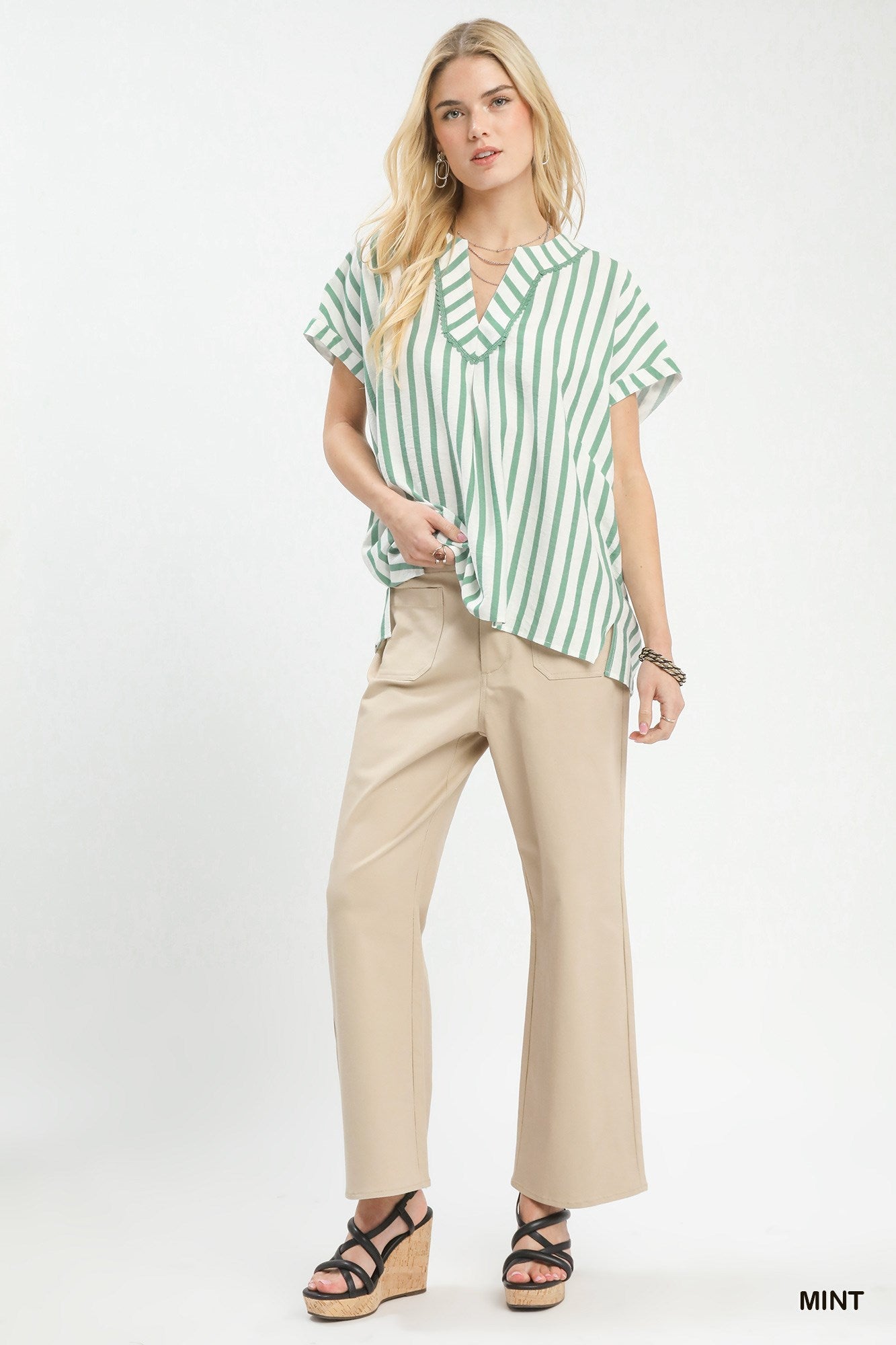 Umgee Mixed Stripe Split Neck Oversized Blouse - Bitsy Gypsy Boutique