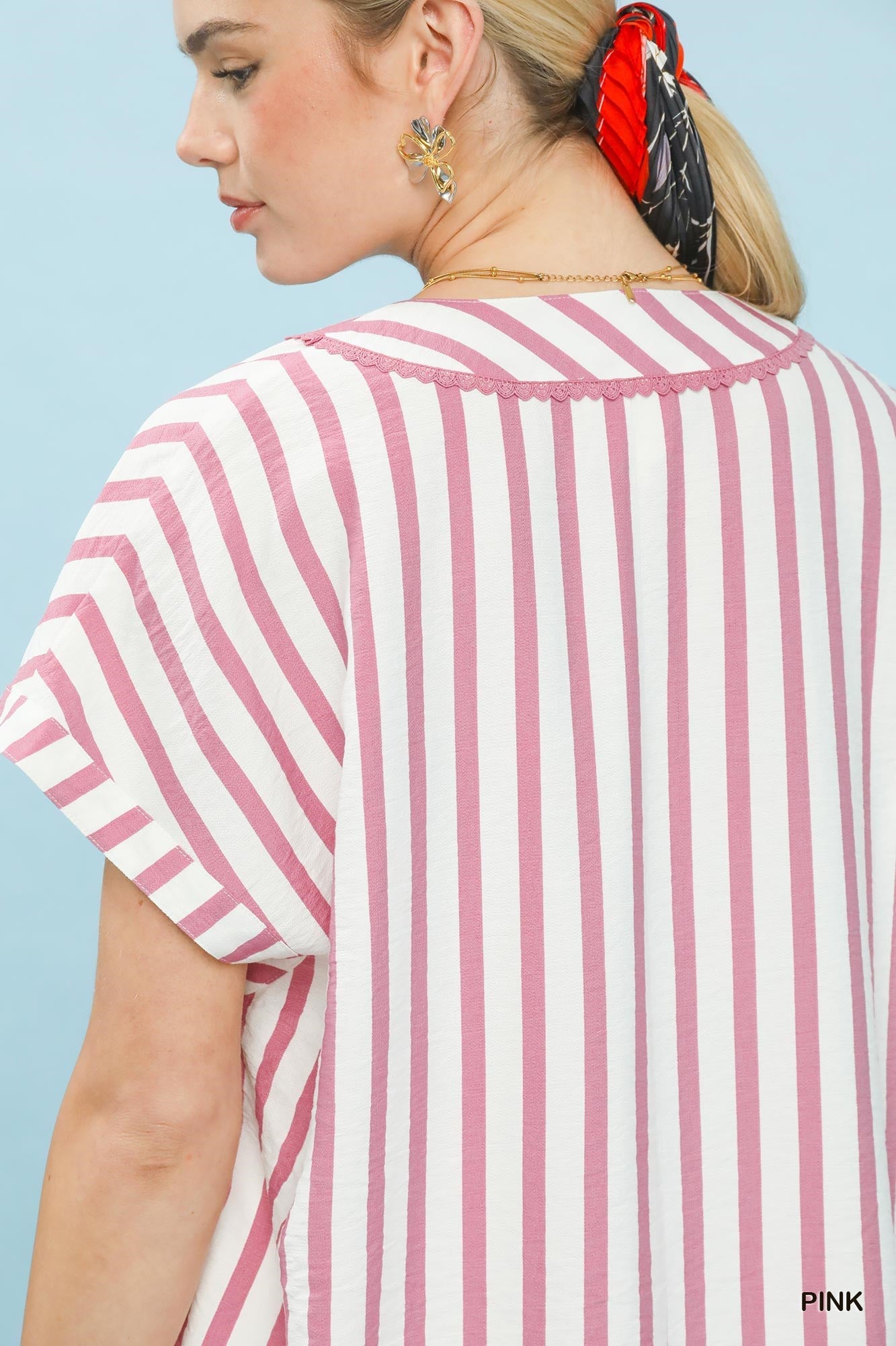 Umgee Mixed Stripe Split Neck Oversized Blouse - Bitsy Gypsy Boutique