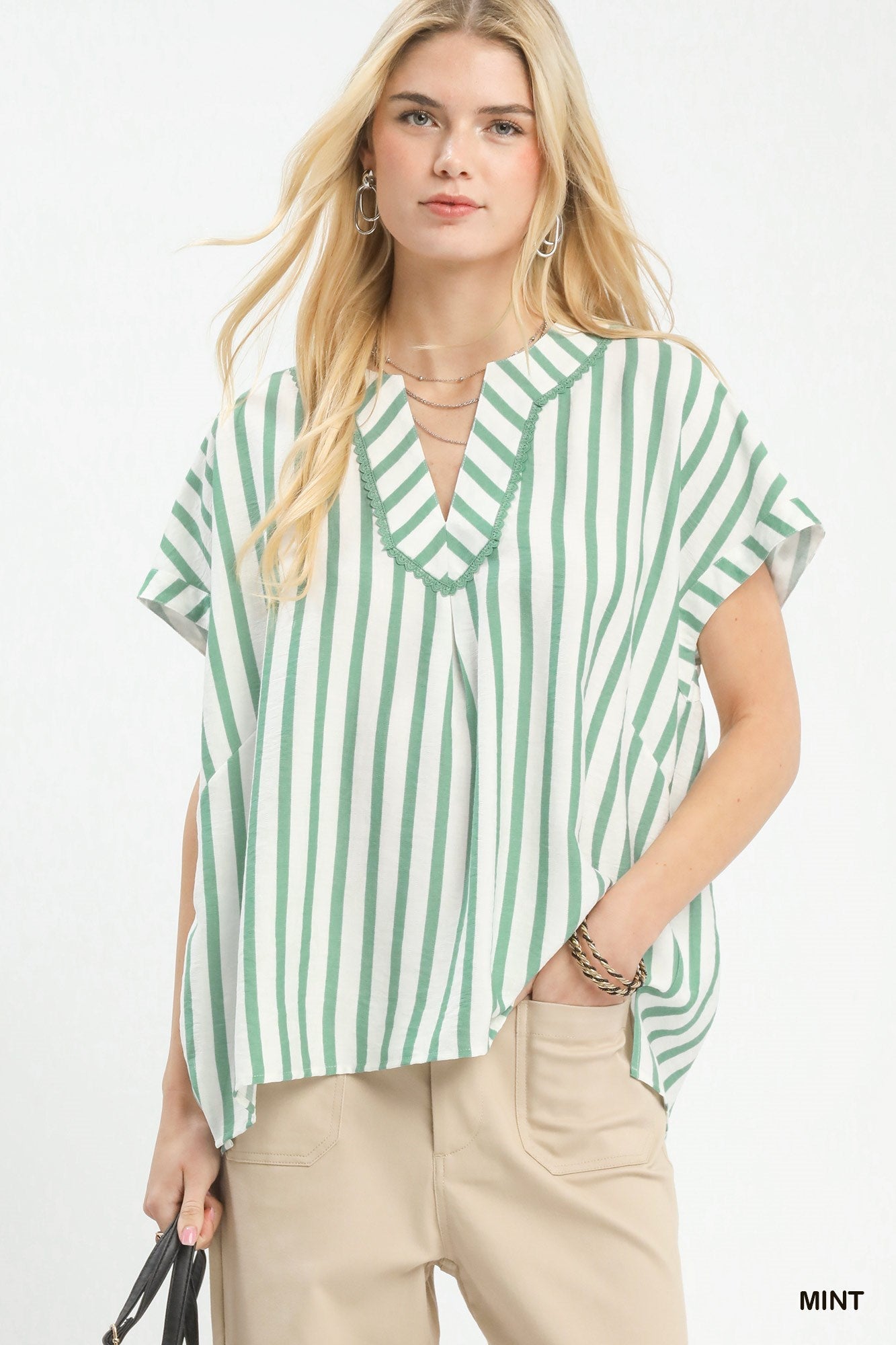 Umgee Mixed Stripe Split Neck Oversized Blouse - Bitsy Gypsy Boutique