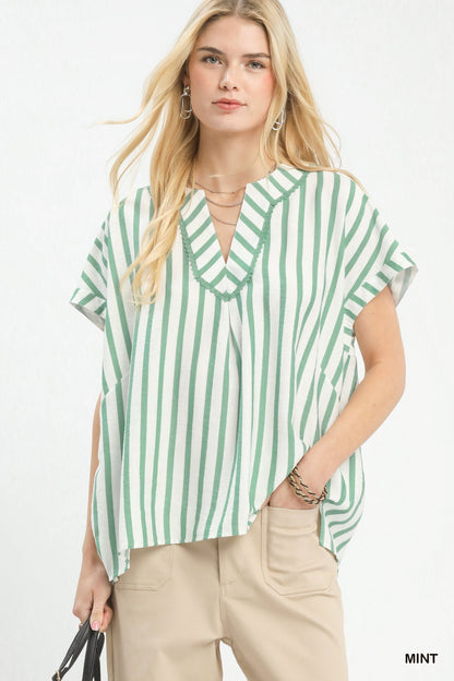 Umgee Mixed Stripe Split Neck Oversized Blouse - Bitsy Gypsy Boutique