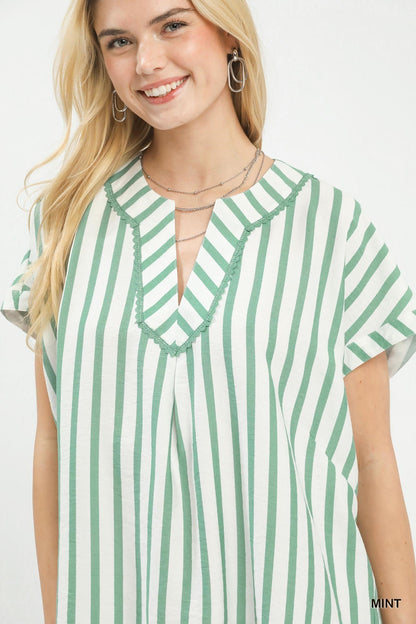 Umgee Mixed Stripe Split Neck Oversized Blouse - Bitsy Gypsy Boutique
