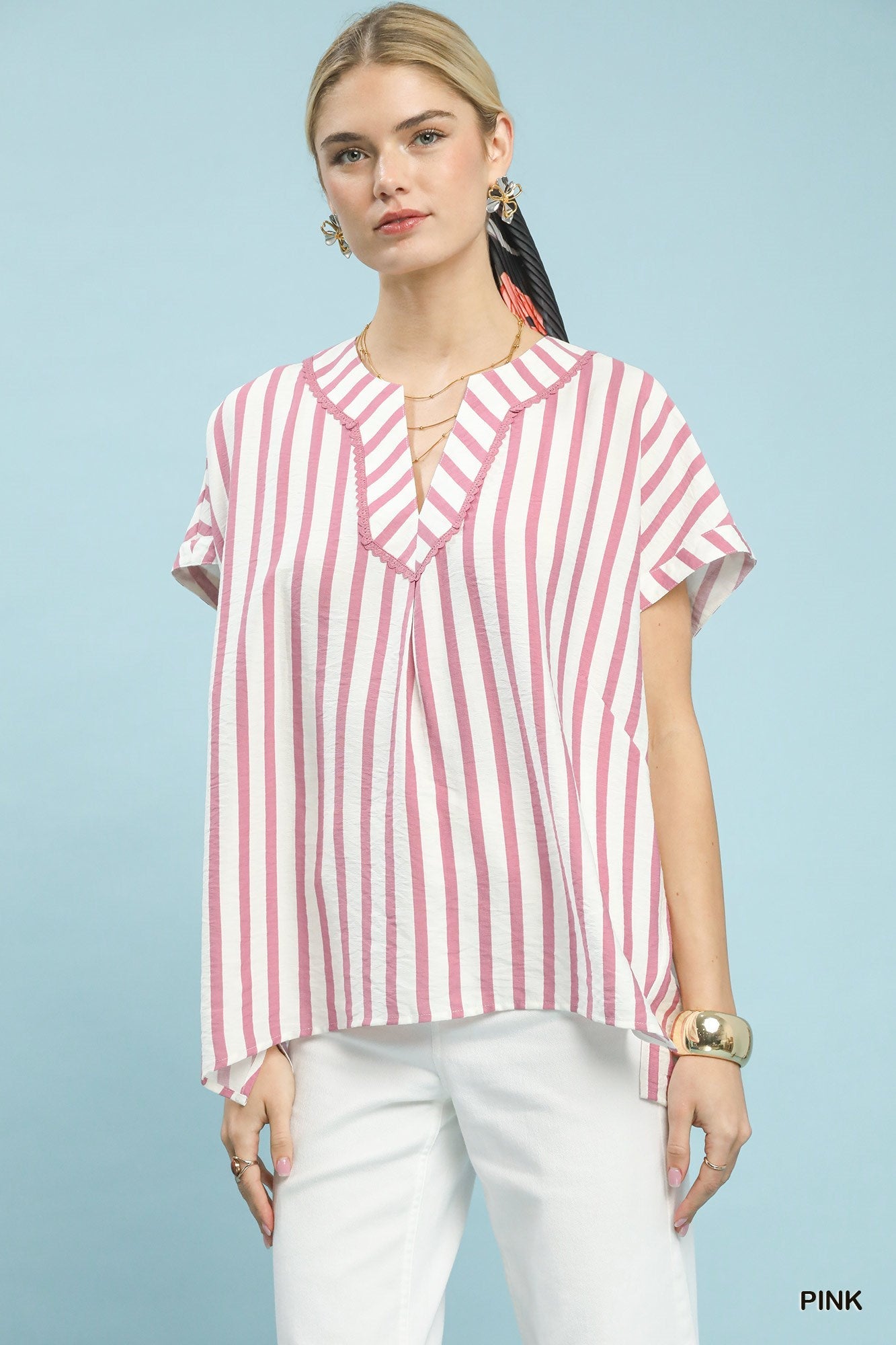 Umgee Mixed Stripe Split Neck Oversized Blouse - Bitsy Gypsy Boutique