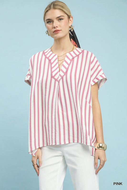Umgee Mixed Stripe Split Neck Oversized Blouse - Bitsy Gypsy Boutique
