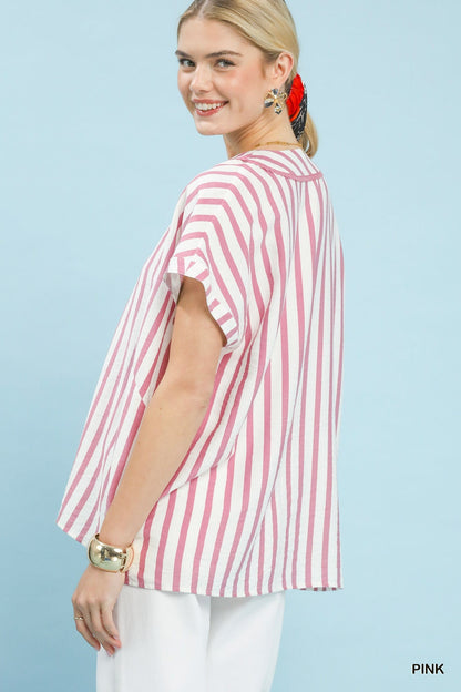 Umgee Mixed Stripe Split Neck Oversized Blouse - Bitsy Gypsy Boutique