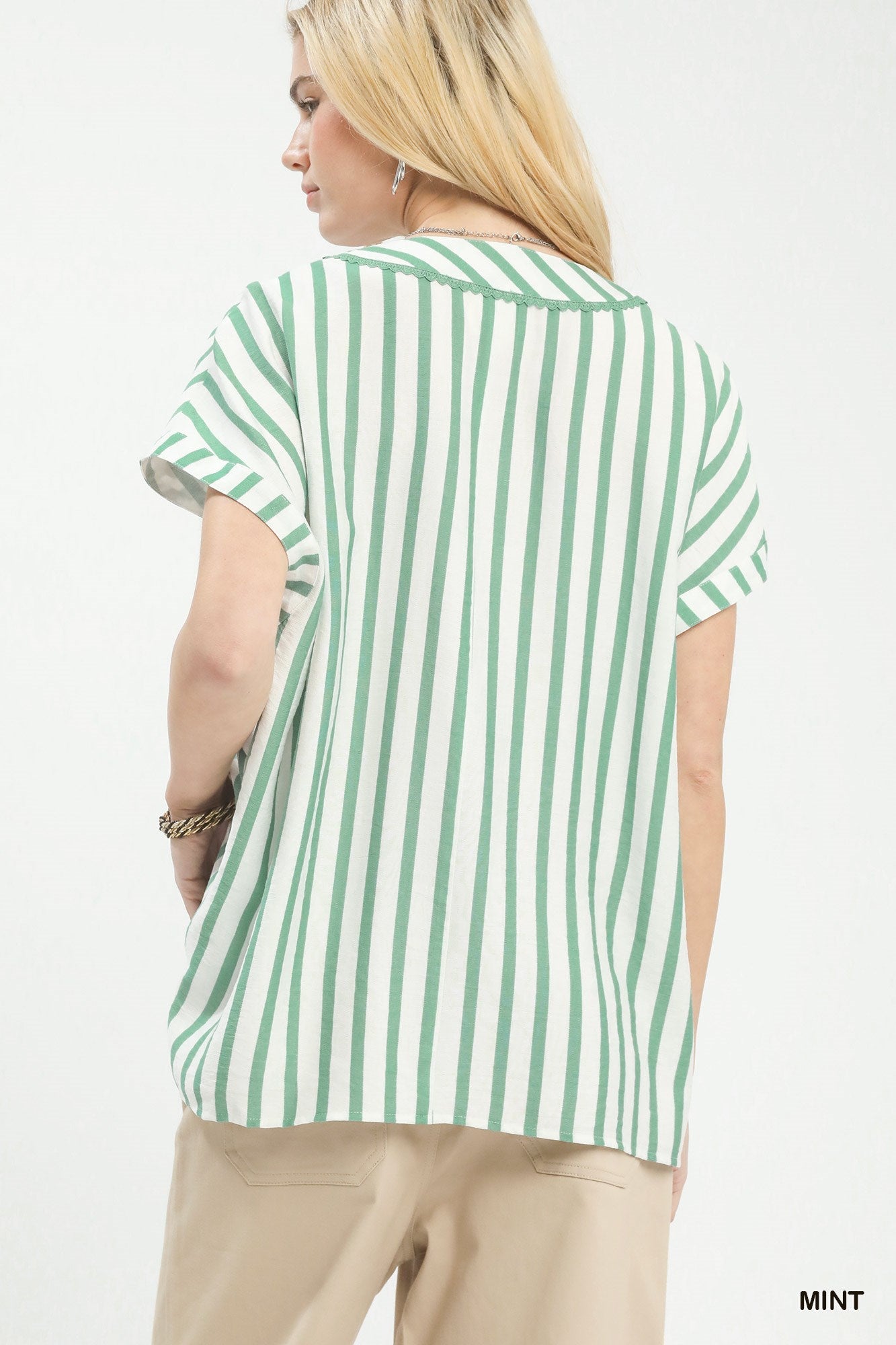 Umgee Mixed Stripe Split Neck Oversized Blouse - Bitsy Gypsy Boutique